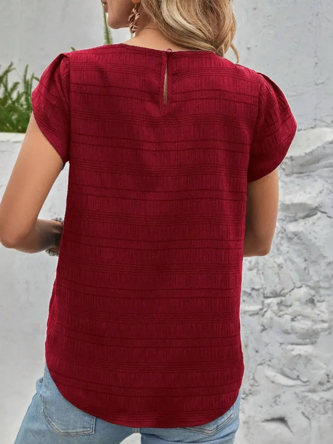 Round Neck Petal Sleeve Top - Trendsi - Flyclothing LLC