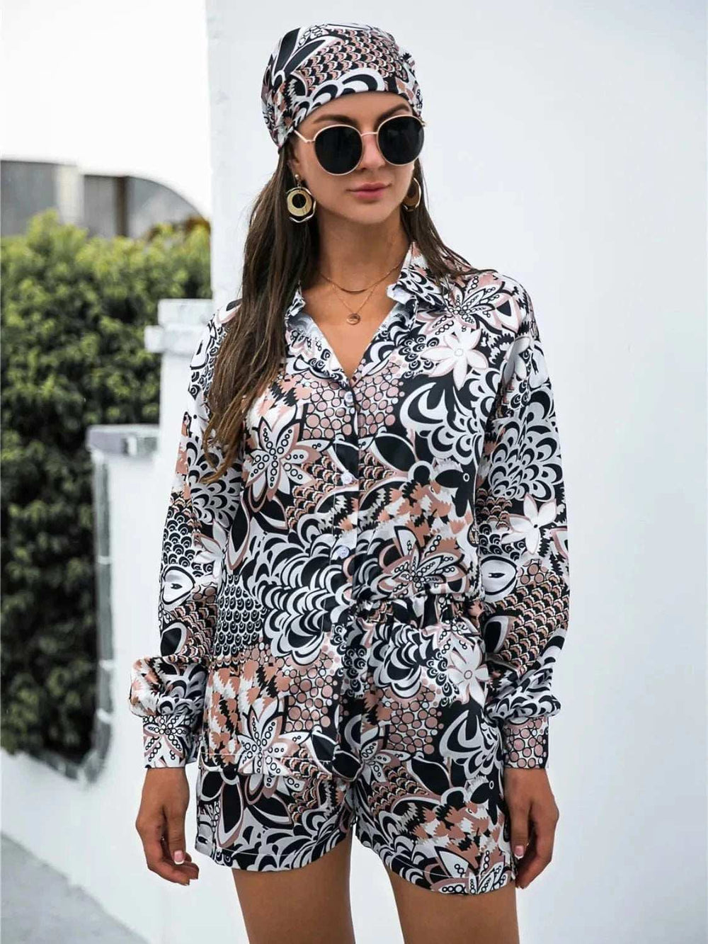 Printed Button Up Long Sleeve Shirt and Shorts Set - Trendsi - Flyclothing LLC