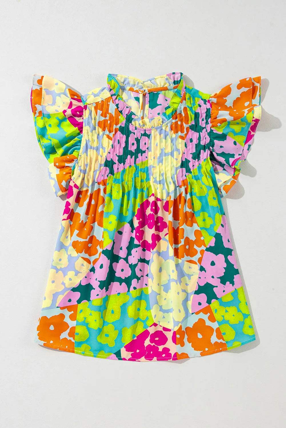 Ruffled Printed Mock Neck Cap Sleeve Blouse - Trendsi - Flyclothing LLC