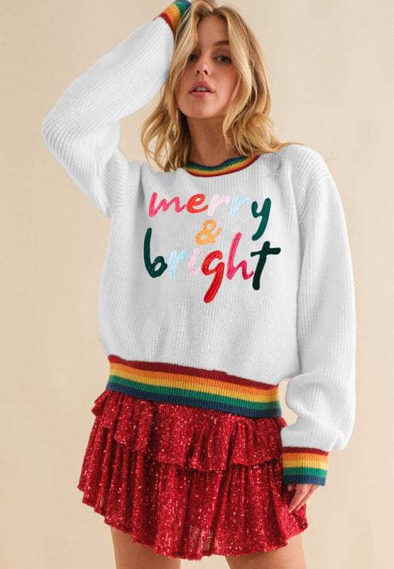 MERRY & BRIGHT Ribbed Round Neck Sweater - Trendsi - Flyclothing LLC