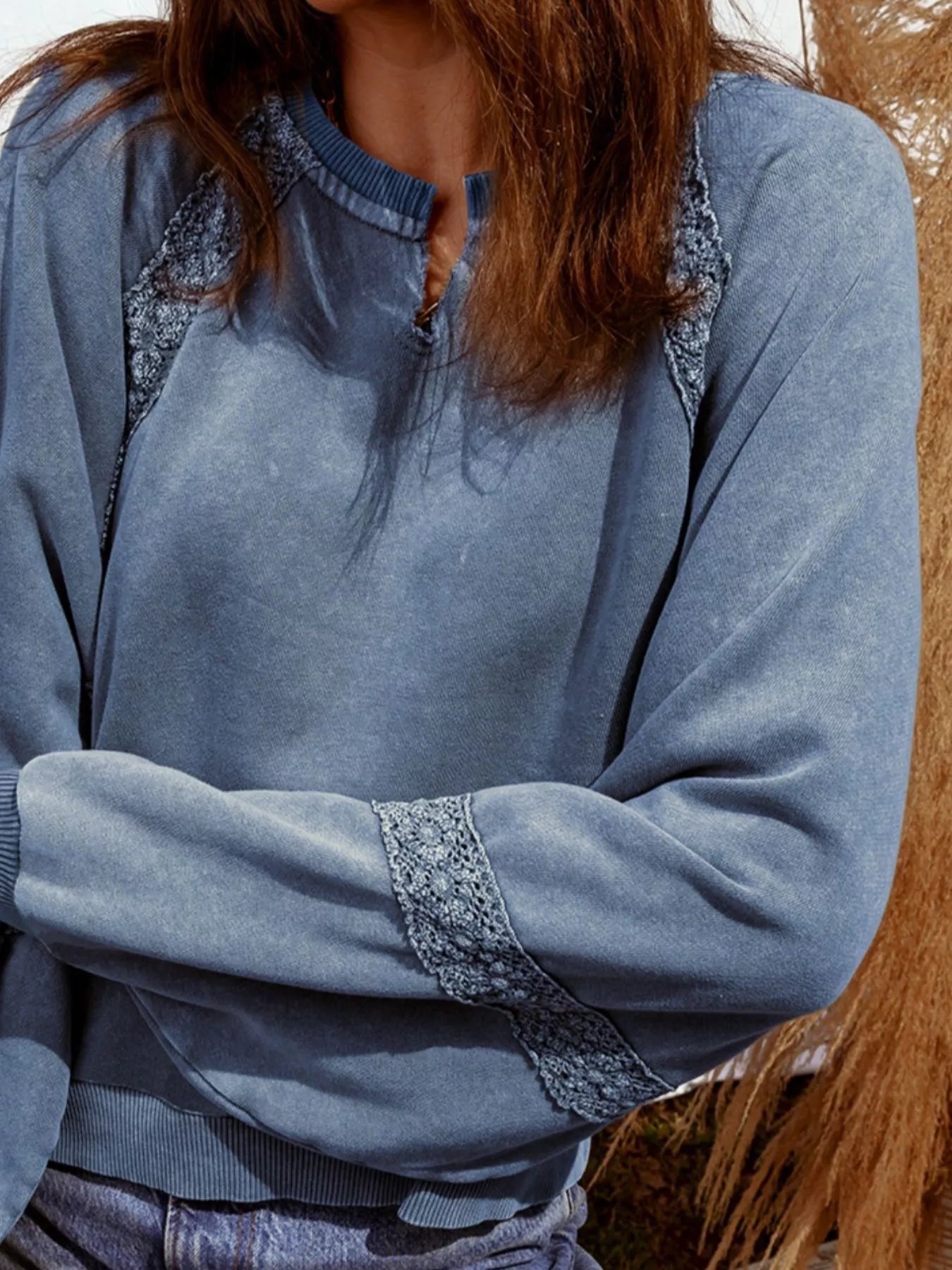 Lace Patchwork Detail Notched Neck Mineral Wash Baggy Sweatshirt - Trendsi - Flyclothing LLC