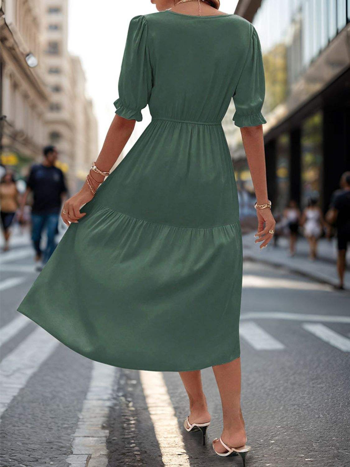 Ruched V-Neck Half Sleeve Midi Dress - Trendsi - Flyclothing LLC