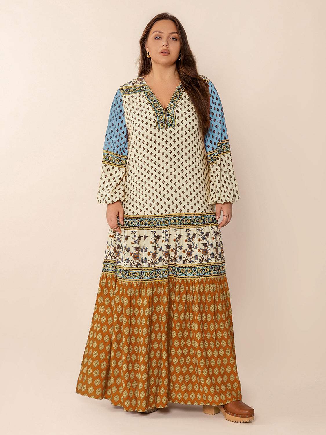 Plus Size Printed V-Neck Balloon Sleeve Maxi Dress - Trendsi - Flyclothing LLC