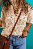 Openwork Johnny Collar Half Sleeve Knit Top - Trendsi - Flyclothing LLC