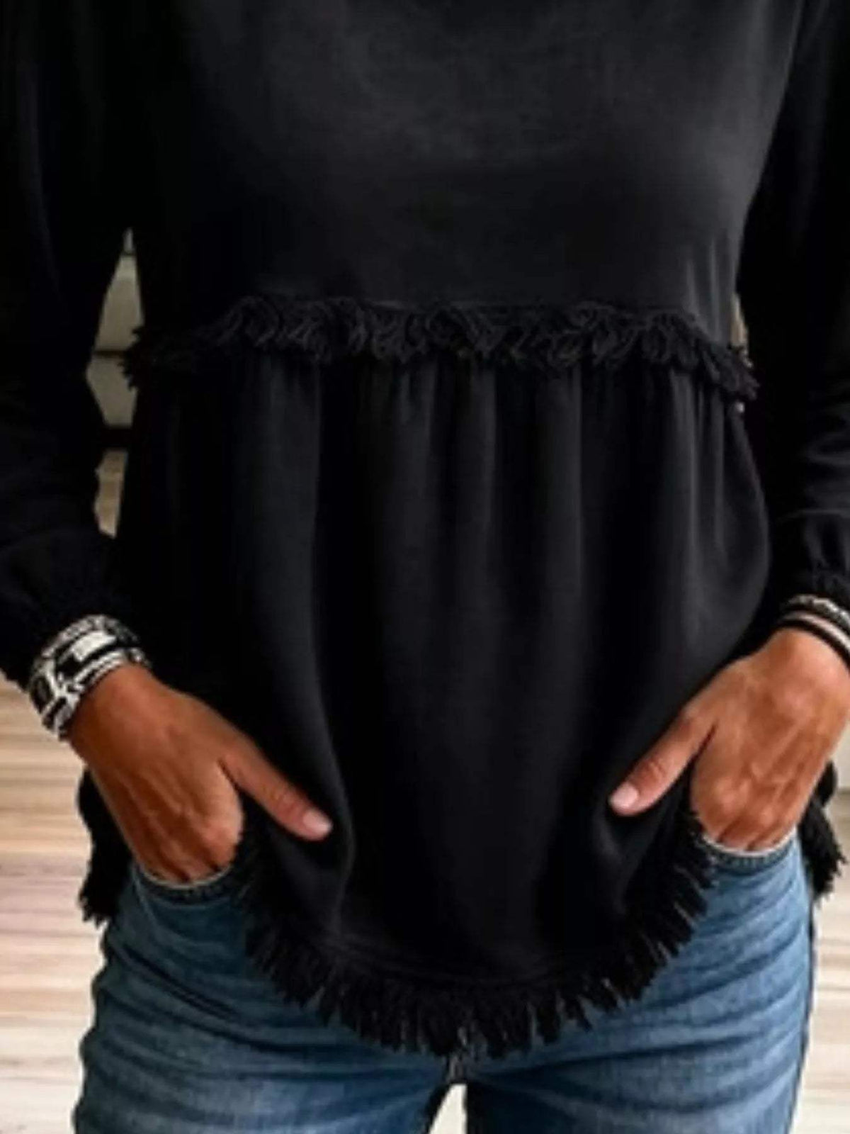 Fringed Hem Long Sleeve T-Shirt - Trendsi - Flyclothing LLC