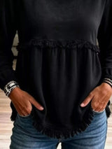 Fringed Hem Long Sleeve T-Shirt - Trendsi - Flyclothing LLC