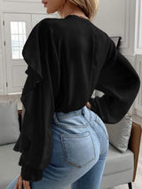 Full Size Ruffled V-Neck Button Down Flounce Sleeve Blouse - Trendsi - Flyclothing LLC