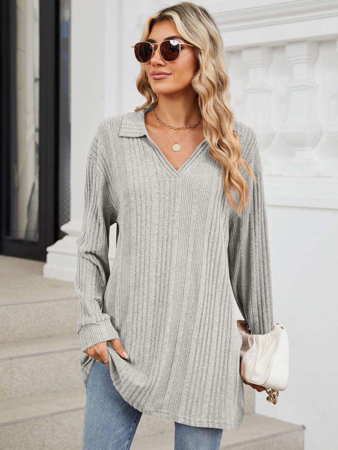 Slit Johnny Collar Long Sleeve T-Shirt - Trendsi - Flyclothing LLC
