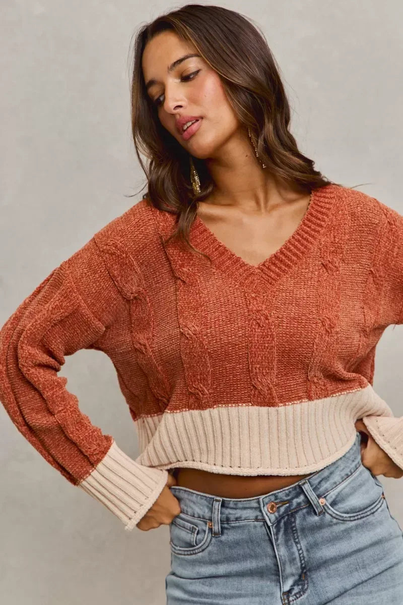SO ME Chenille Cable Knit V Neck Contrast Cropped Sweater - Trendsi - Flyclothing LLC