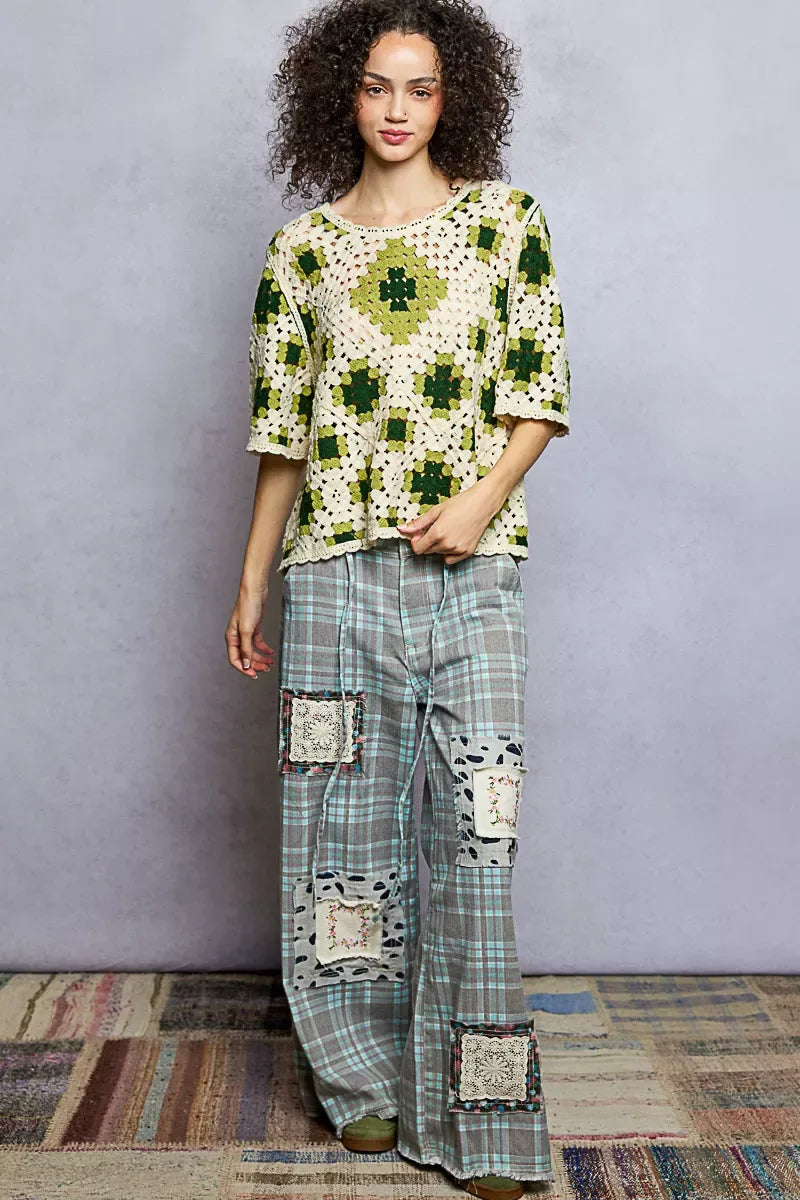 POL Round Neck Short Sleeve Color Pattern Crochet Top with Border Accents - Trendsi - Flyclothing LLC