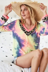 BiBi Tie Dye Terry V-Neck Top - Trendsi - Flyclothing LLC