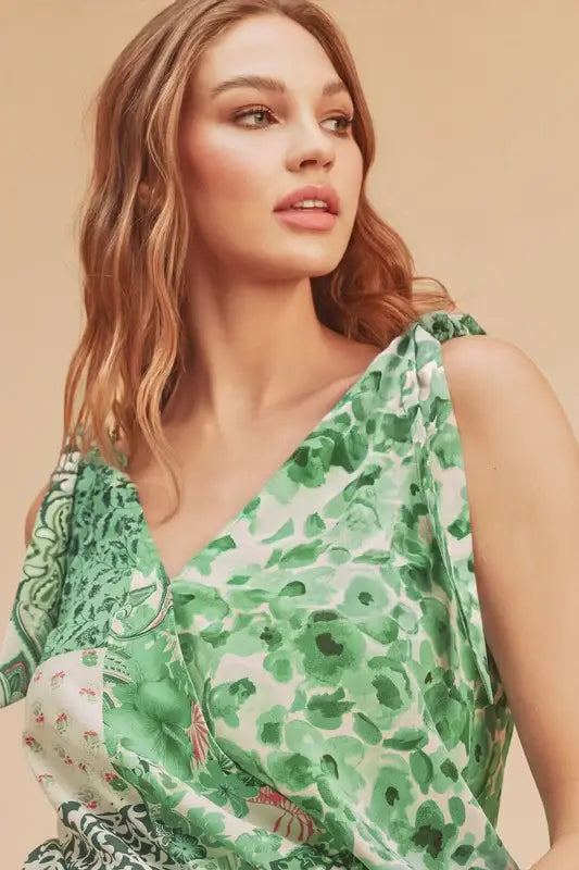 Aemi + Co Smocked Hem Printed Surplice Tank - Trendsi - Flyclothing LLC