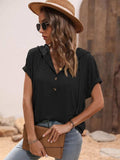 Half Button Hooded Short Sleeve Blouse - Trendsi - Flyclothing LLC