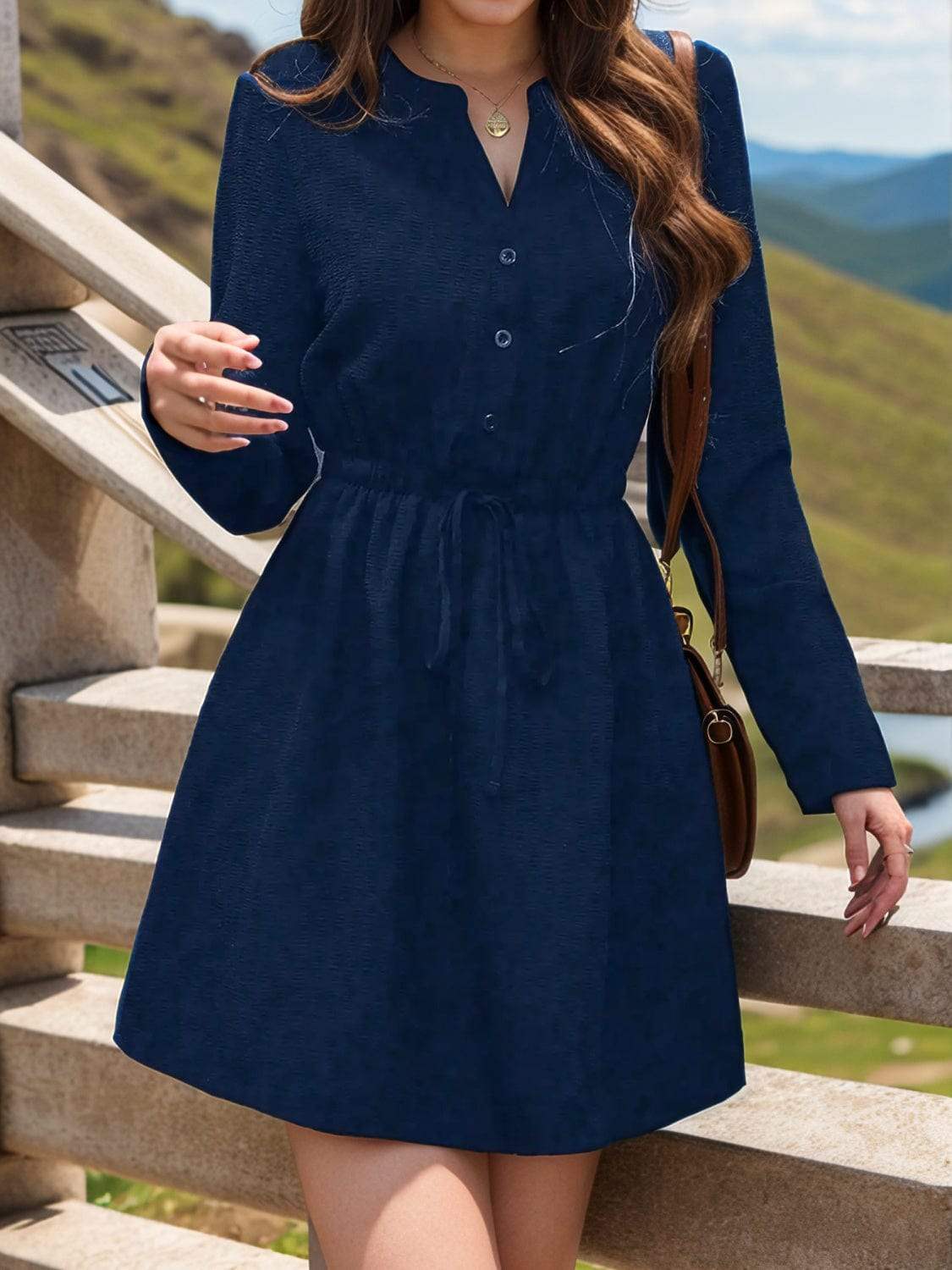 Drawstring Waist Notched Long Sleeve Dress - Trendsi - Flyclothing LLC