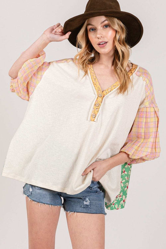 SAGE + FIG Color Block Bubble Sleeve Top - Trendsi - Flyclothing LLC