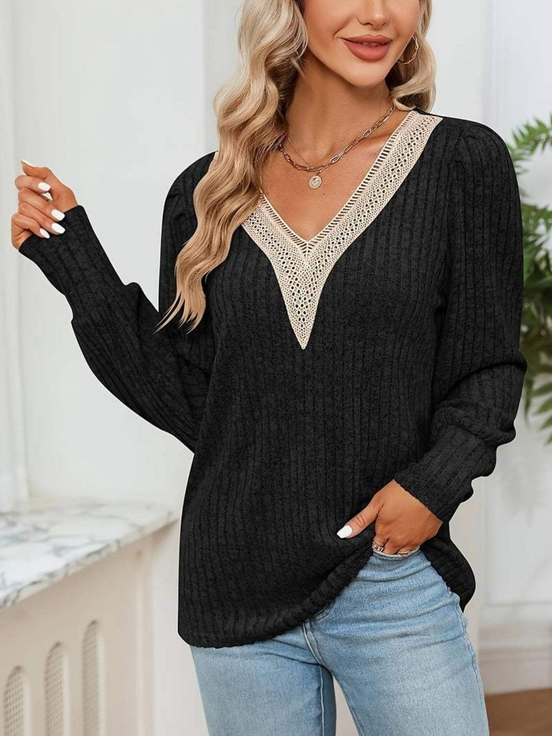 V-Neck Long Sleeve T-Shirt - Trendsi - Flyclothing LLC