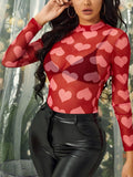 Heart Mock Neck Long Sleeve Sheer Top - Trendsi