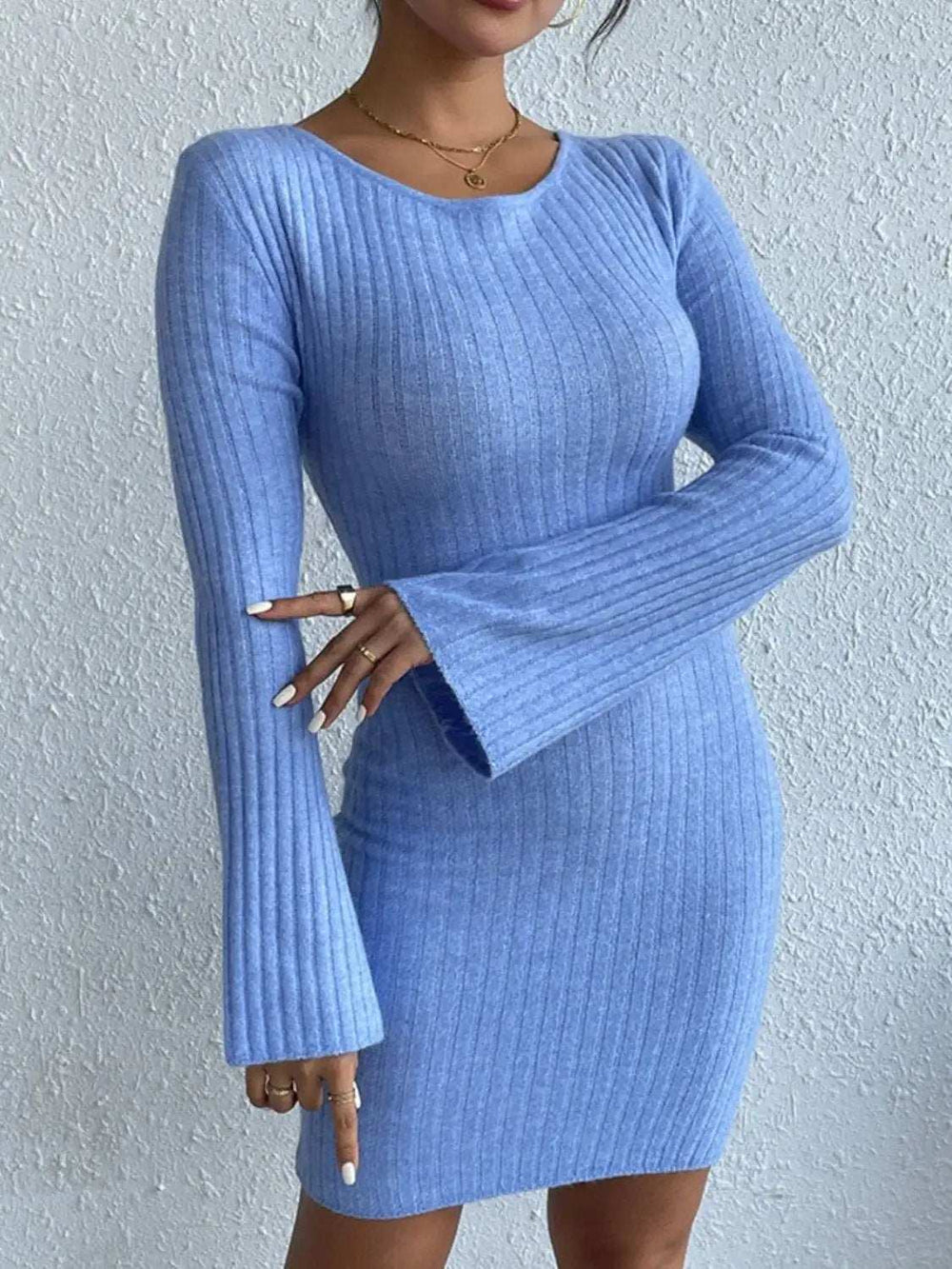 Backless Round Neck Long Sleeve Sweater Dress - Trendsi - Flyclothing LLC