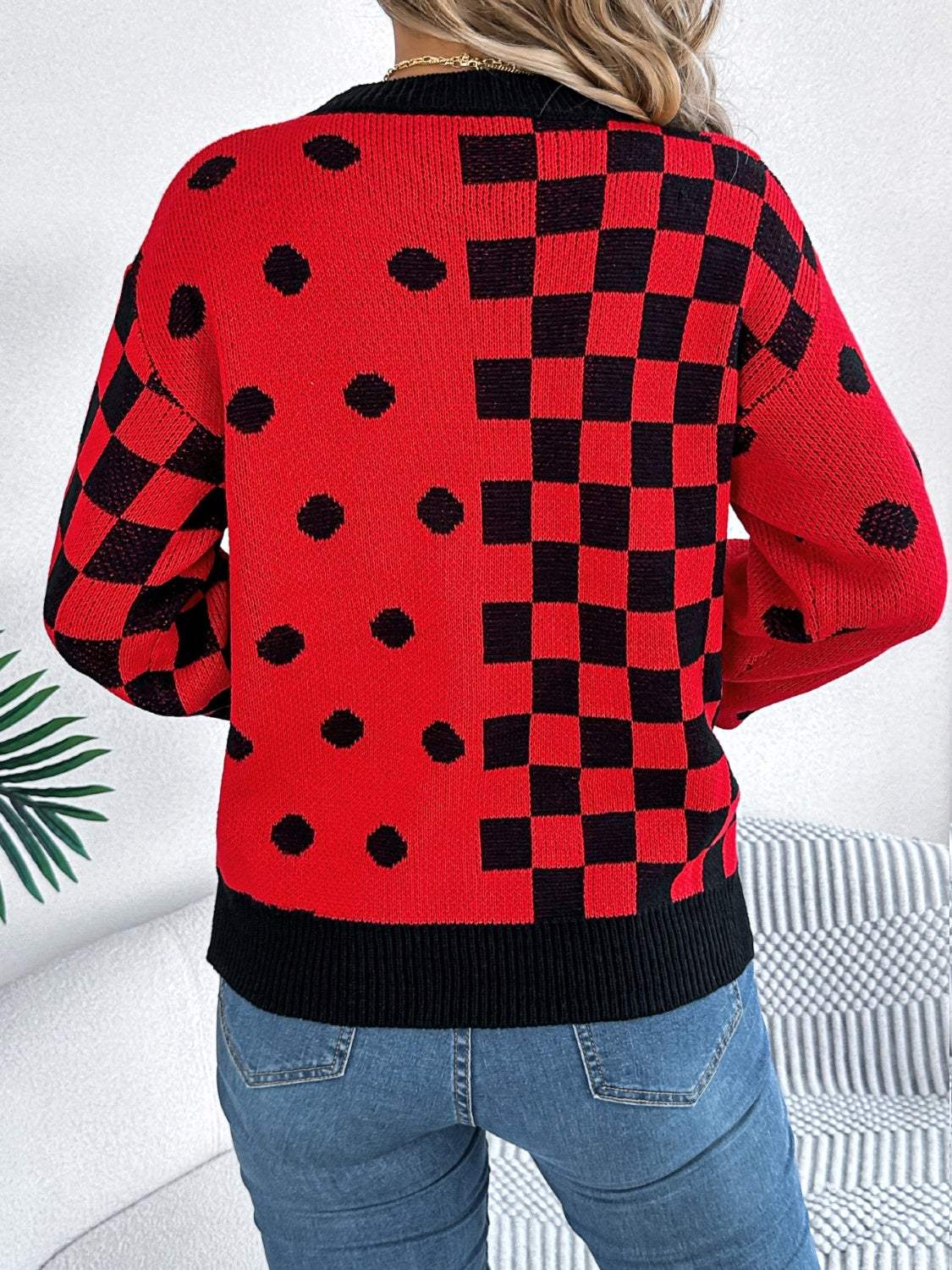 Plaid Round Neck Long Sleeve Sweater - Trendsi - Flyclothing LLC