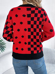 Plaid Round Neck Long Sleeve Sweater - Trendsi