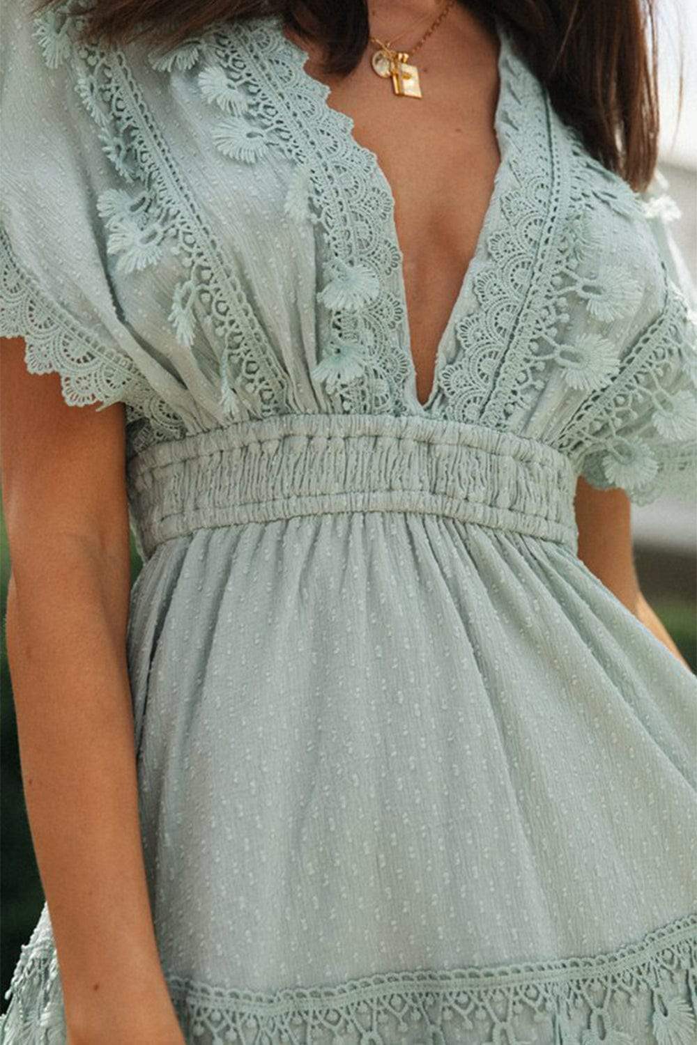 Lace Detail Plunge Short Sleeve Mini Dress - Trendsi - Flyclothing LLC