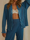 Collared Neck Long Sleeve Top and Pants Lounge Set - Trendsi - Flyclothing LLC