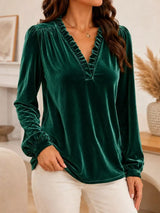 V-Neck Ruffle Trim Velvet Blouse - Trendsi - Flyclothing LLC