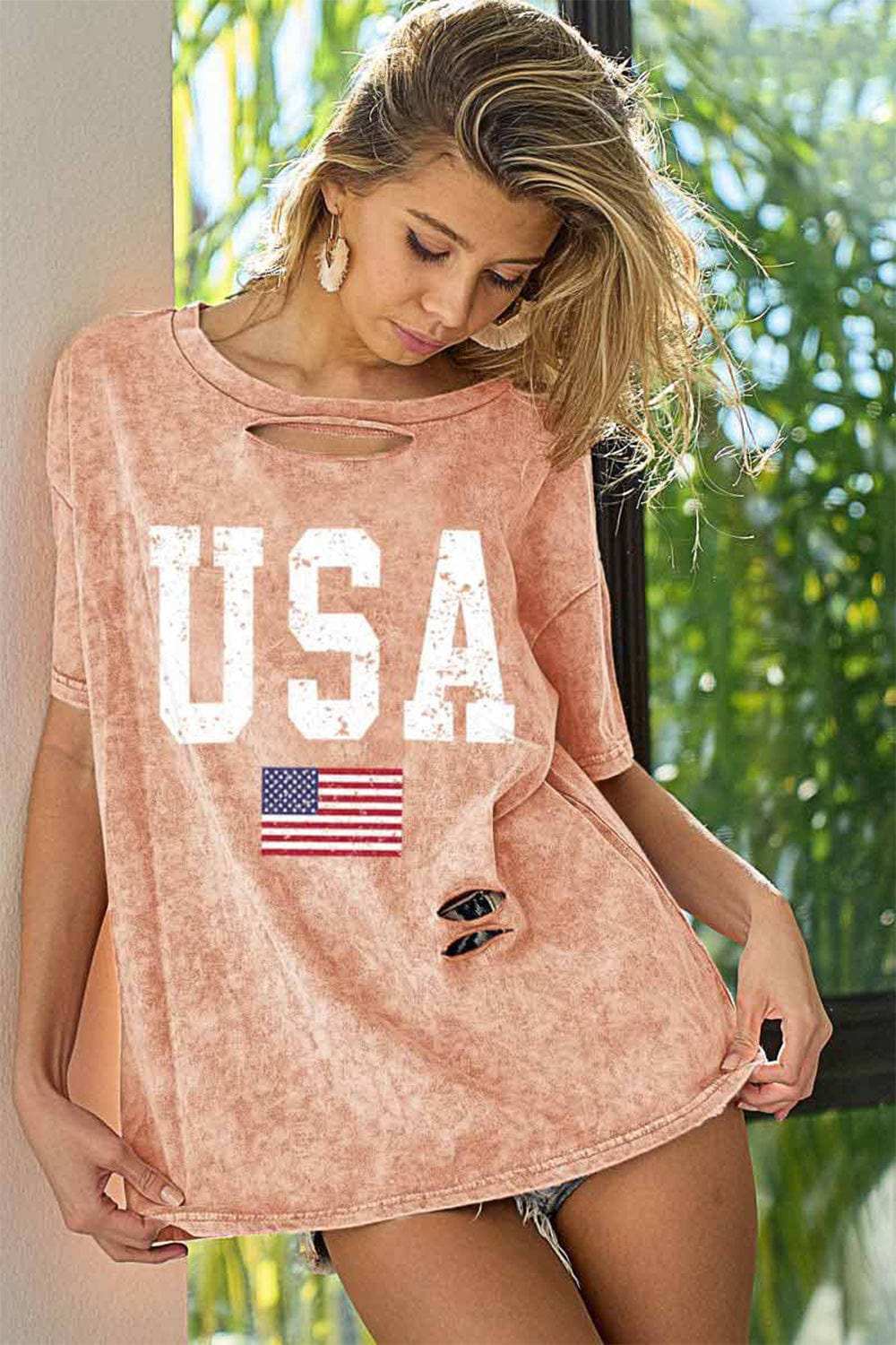 BiBi Washed American Flag Graphic Distressed T-Shirt - Trendsi - Flyclothing LLC