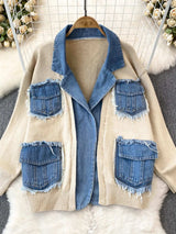 Raw Hem Denim Pocket Patchwork Cardigan - Trendsi - Flyclothing LLC