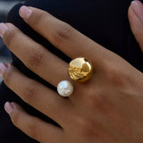 18K Gold-Plated Orb & Pearl Open Ring - Trendsi - Flyclothing LLC