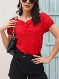 Ruched Decor Button V-Neck Short Sleeve Blouse - Trendsi