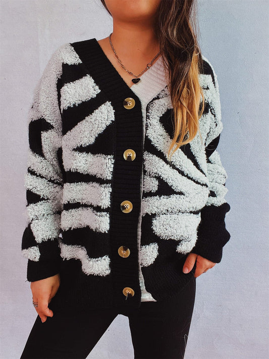 Contrast Button Up Long Sleeve Cardigan - Trendsi