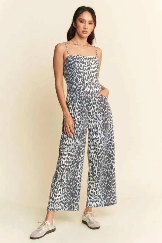 Davi & Dani Leopard Spaghetti Straps Wide Leg Jumpsuit - Trendsi - Flyclothing LLC