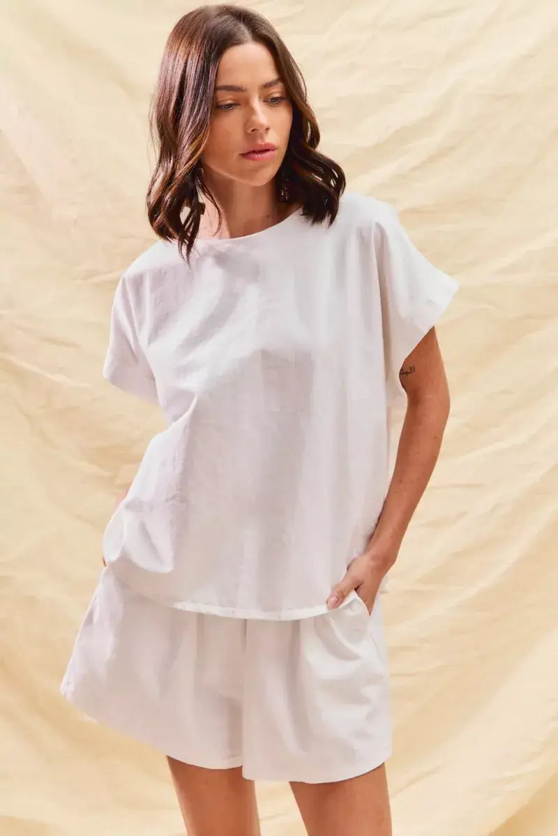 SO ME Round Neck Short Sleeve Top and Shorts Set - Trendsi - Flyclothing LLC