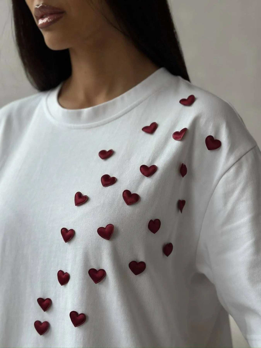 Plus Size Heart Round Neck Short Sleeve T-Shirt - Trendsi - Flyclothing LLC