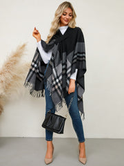 Fringe Contrast Plaid Poncho - Trendsi