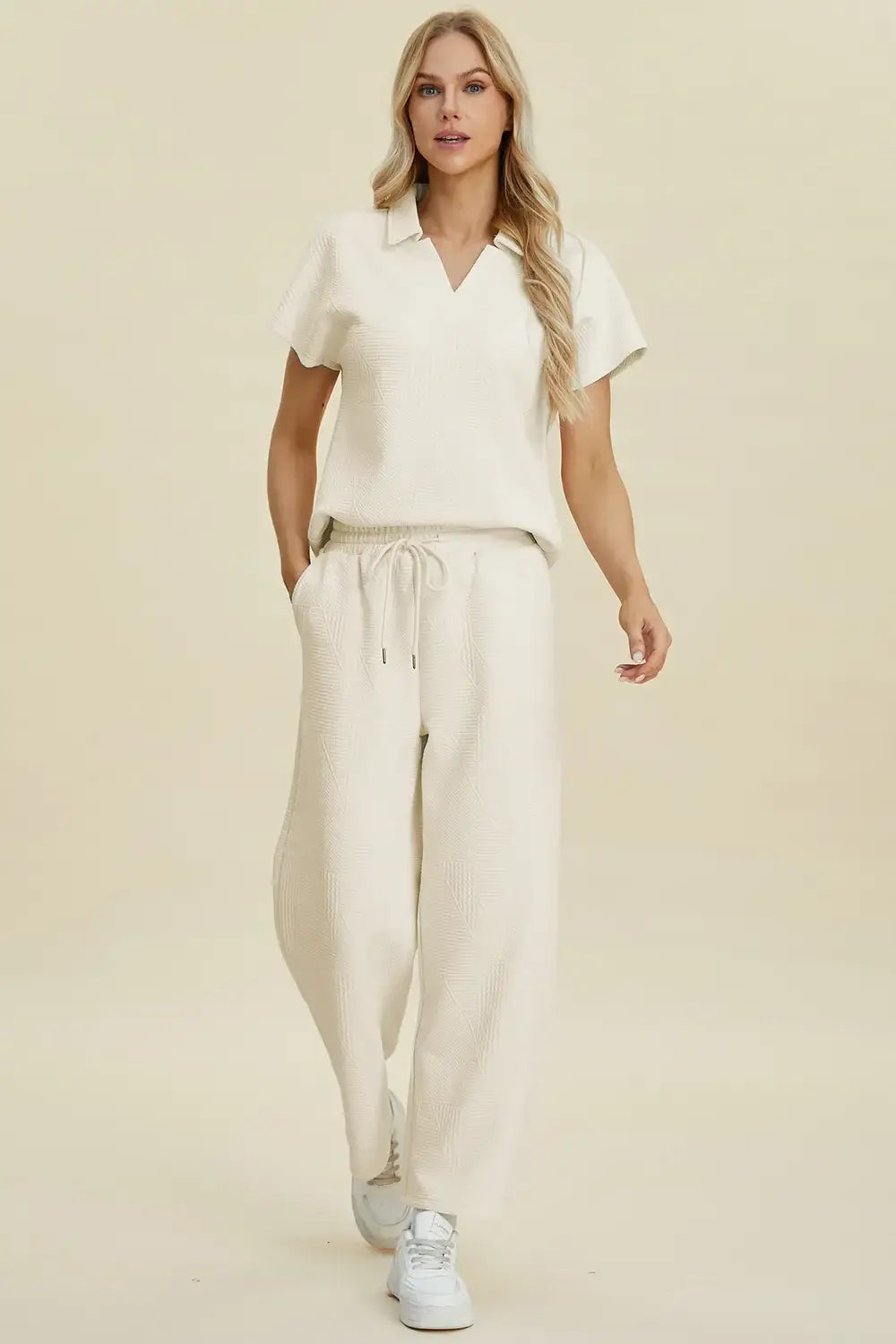Double Take Full Size Collared Neck Short Sleeve Top and Pants Set - Trendsi - Flyclothing LLC
