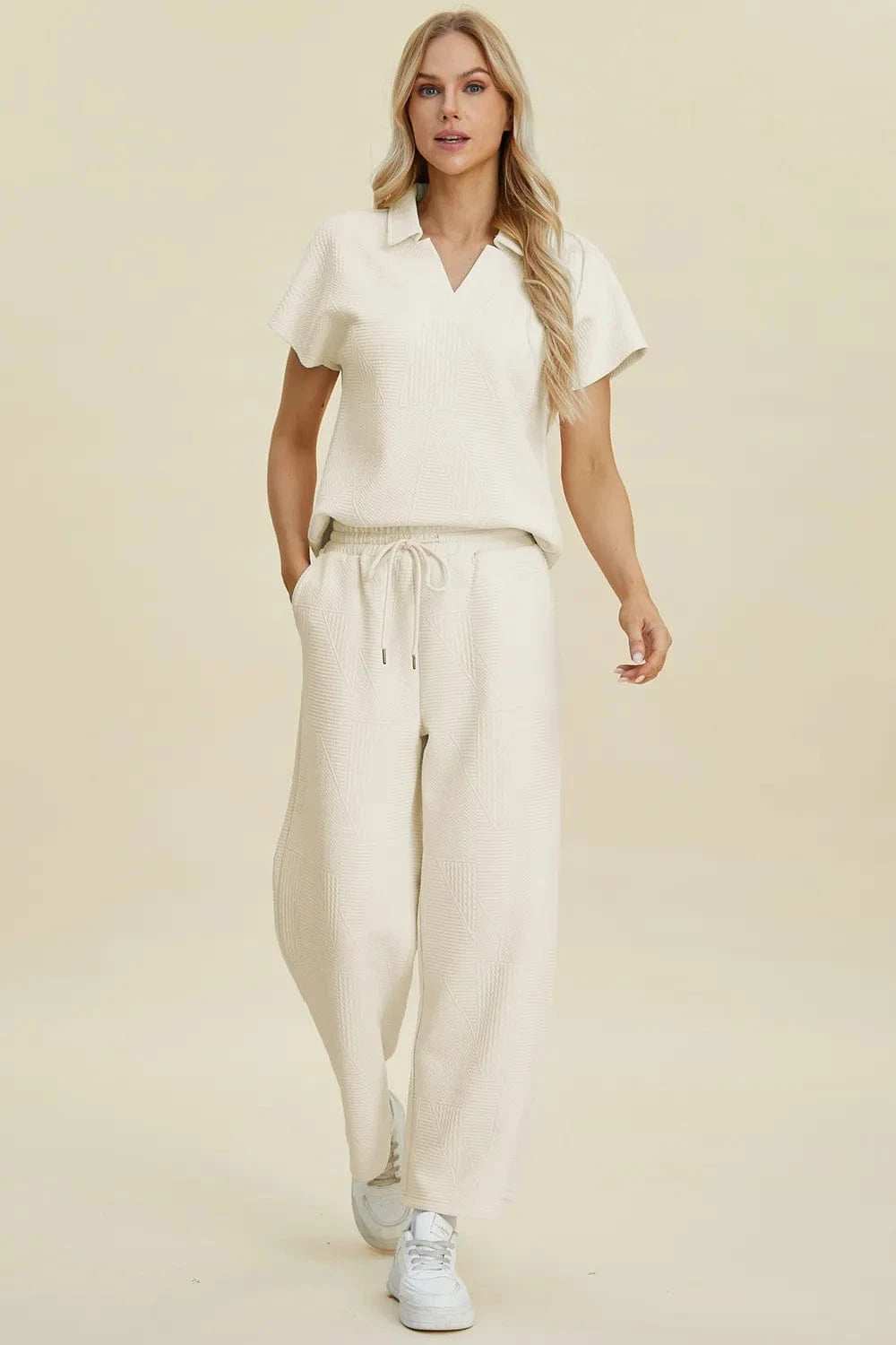Double Take Full Size Collared Neck Short Sleeve Top and Pants Set - Trendsi - Flyclothing LLC