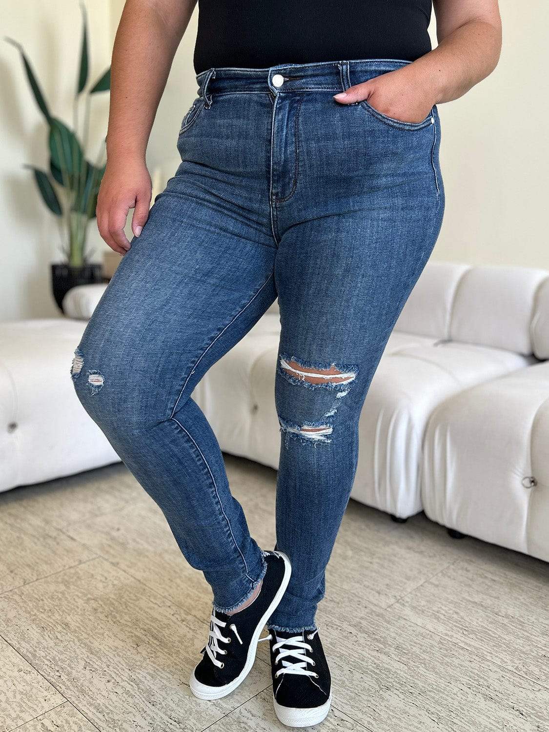 Judy Blue Full Size High Waist Distressed Skinny Jeans - Trendsi - Flyclothing LLC