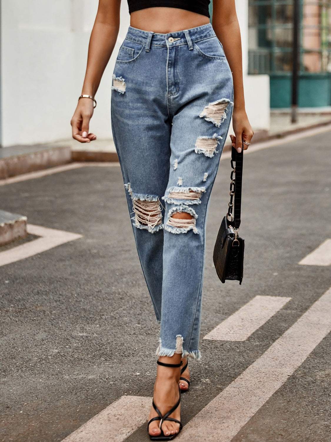 Distressed Raw Hem Jeans with Pockets - Trendsi - Flyclothing LLC