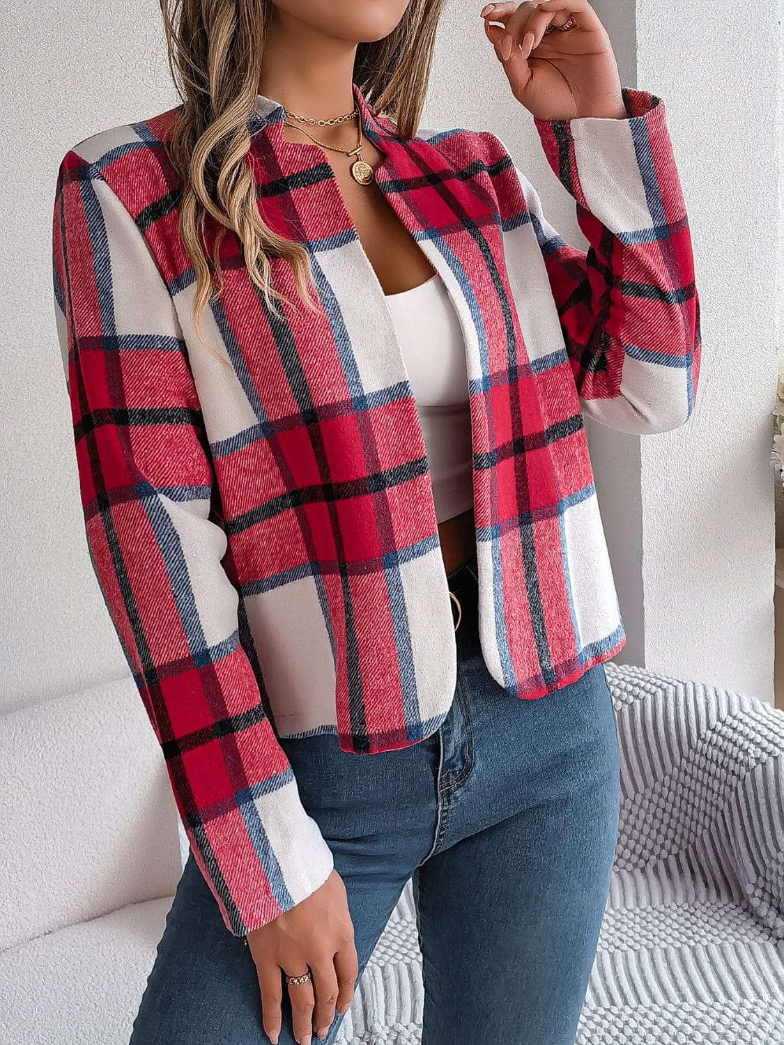Plaid Open Front Long Sleeve Jacket - Trendsi