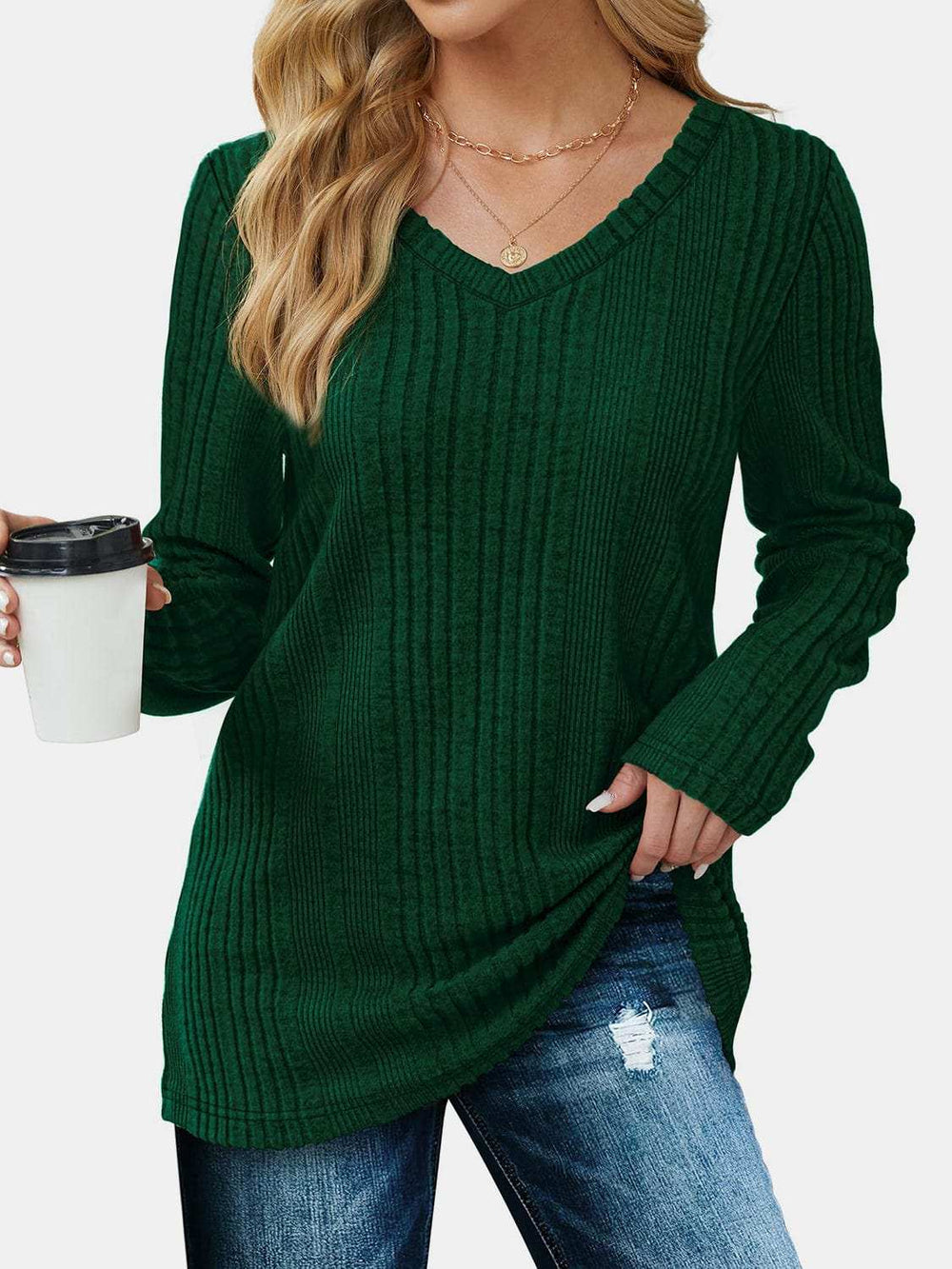 V-Neck Long Sleeve T-Shirt - Trendsi - Flyclothing LLC