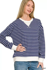 Zenana Contrast Striped Round Neck Sweatshirt - Trendsi - Flyclothing LLC