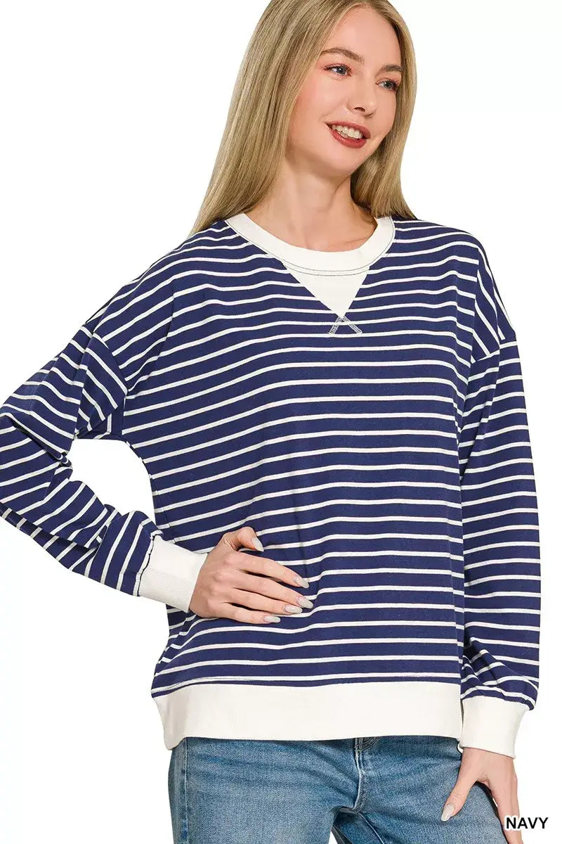 Zenana Contrast Striped Round Neck Sweatshirt - Trendsi - Flyclothing LLC