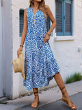 Perfee Decorative Button Printed Notched Sleeveless Midi Dress - Trendsi
