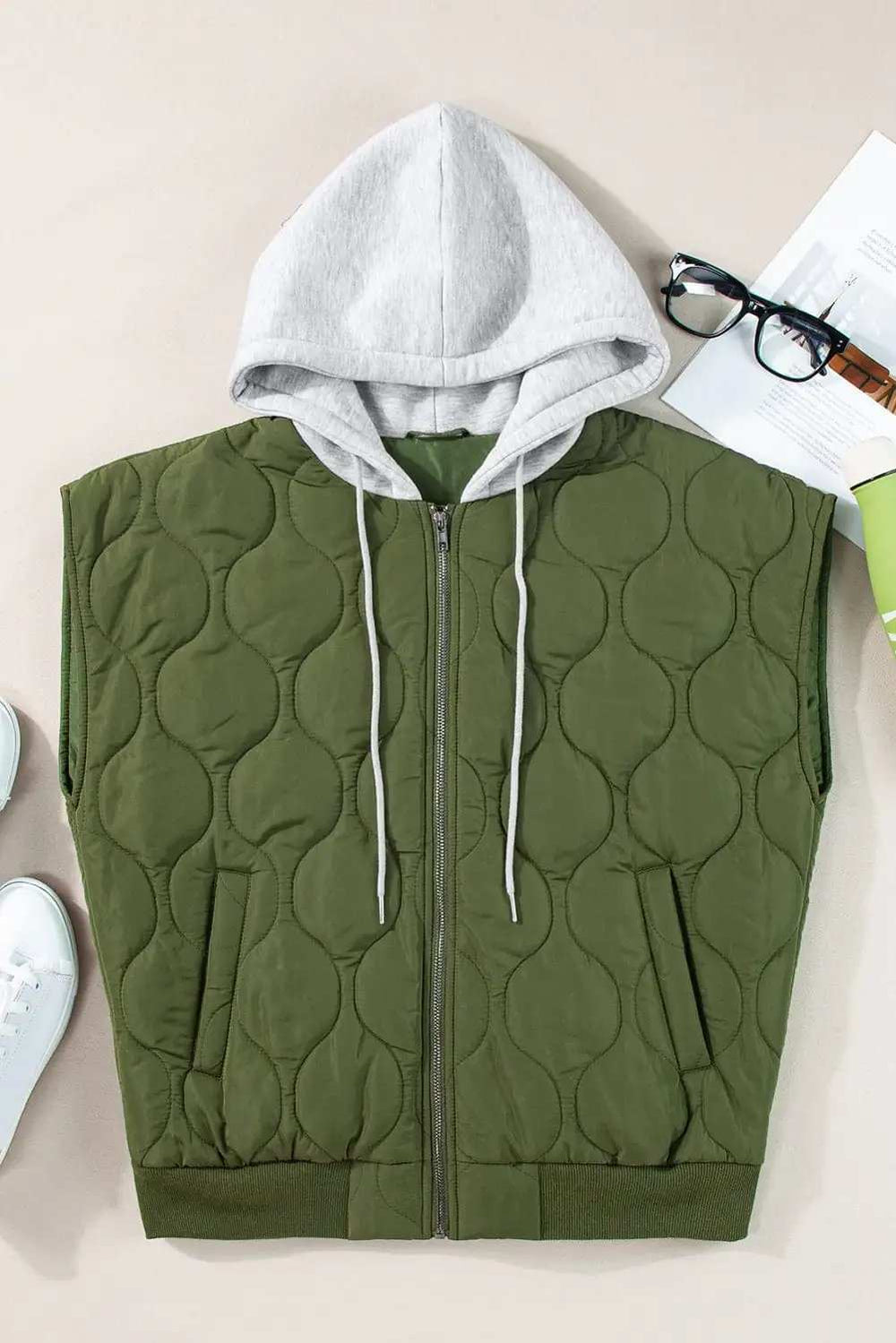 Drawstring Zip Up Hooded Vest Coat - Trendsi - Flyclothing LLC
