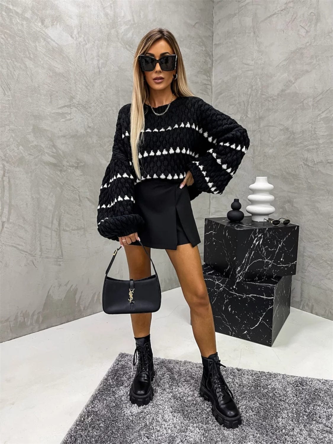 Contrast Round Neck Long Sleeve Sweater - Trendsi