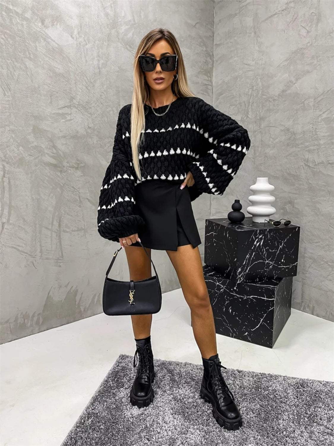 Contrast Round Neck Long Sleeve Sweater - Trendsi - Flyclothing LLC