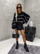 Contrast Round Neck Long Sleeve Sweater - Trendsi - Flyclothing LLC