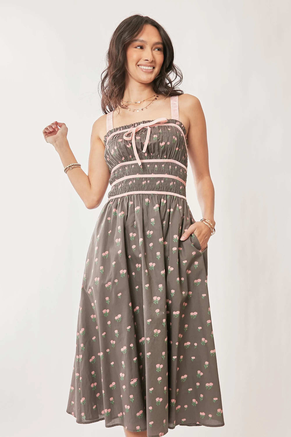 Davi & Dani Contrast Velvet Tape Smocking Bodice Midi Dress - Trendsi - Flyclothing LLC